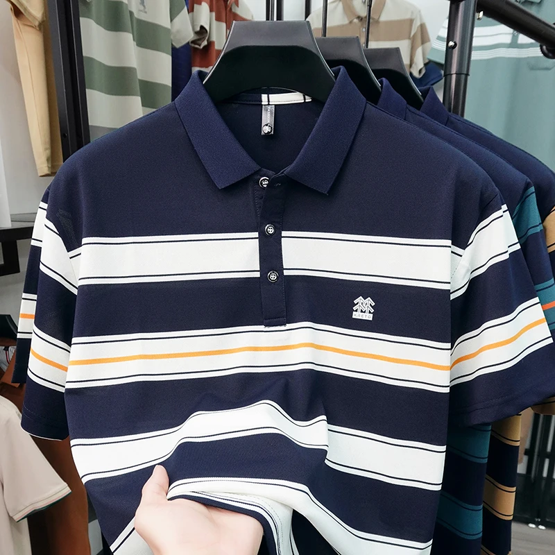 Striped Patchwork Men's Knitted Polo Simple Contrasting Color Casual Men's Summer New Short Sleeved Lapel