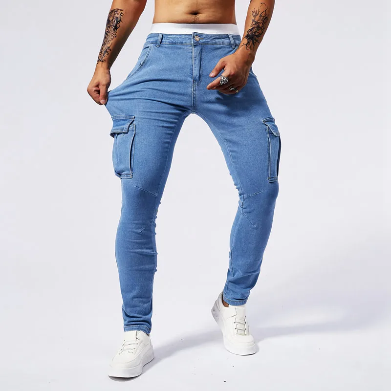 2024 New workwear style jeans men's tight, elastic, casual fashion summer men's multi pocket slim fit small feet pants