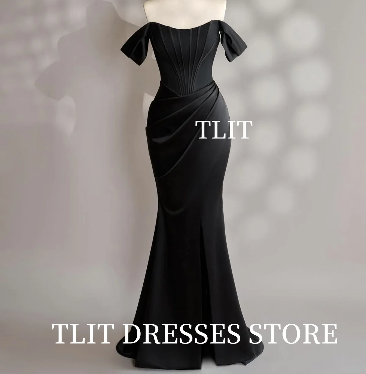 TLIT Abiti da sera eleganti in raso di seta drappeggiato nero Vestido da noite Abiti da festa formali senza spalline personalizzati con spalle scoperte