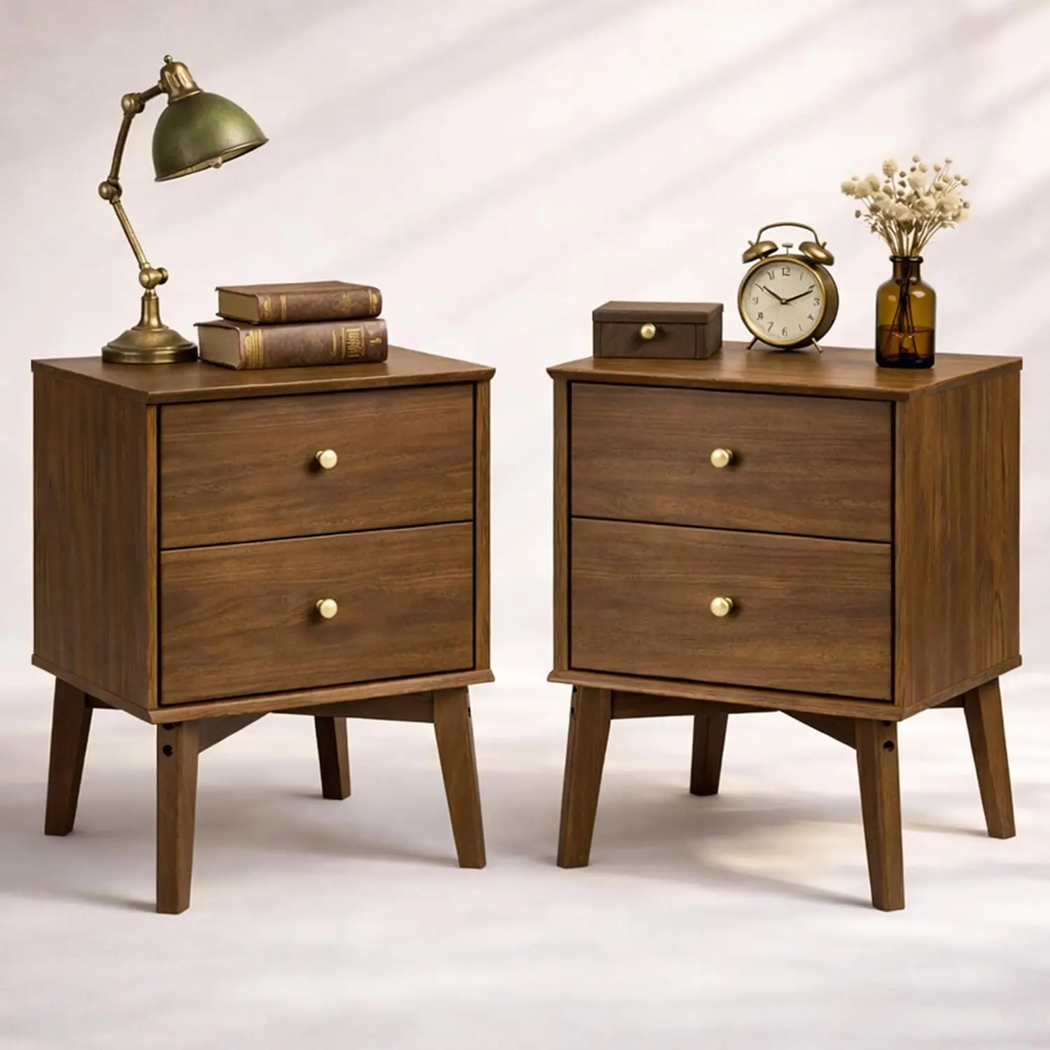 Mid Century Nightstands Set Of 2, Wood Grain & Gold Knobs, 10