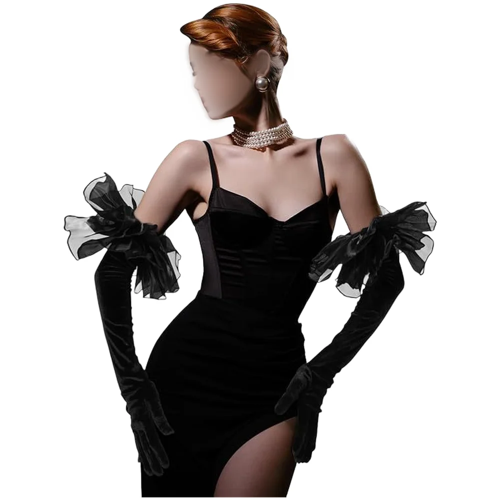 For Women's Plush Ruffle Bubble Gloves Split Finger Design Elbow Length Suitable for Cocktail and Formal Events