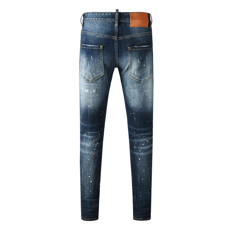 Street Fashion Men's Jeans with Graffiti Perforation Patch Elastic Slimming Version Wave Pattern Blue Designer Hip Hop Back Pant