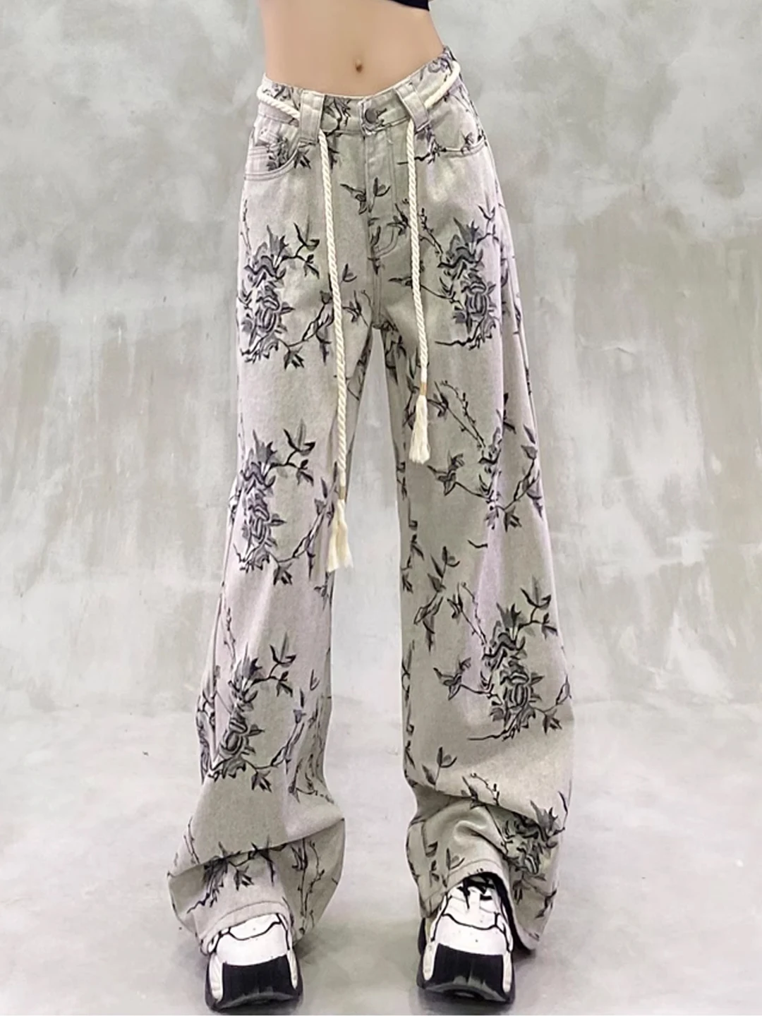 

Ele Summer New Sle Women's Thin Wide Leg Pants Floral Pattern Versatile Loose Straight Cut Jeans Casual High Waist Long...