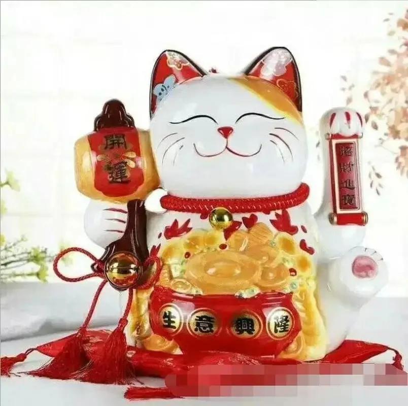 10 Inch Handicraft Waving Hand Lucky Cat Fortune Cat Gift Welcoming Feng Shui Crafts Money Box Home Store Decoration