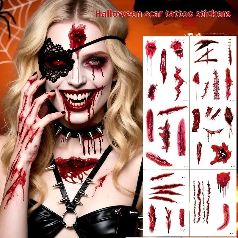 1 Sheets Halloween Scar Tattoos Stickers Temporary Bloodstain Wound Costume Festival Celebration Make Up Arm Face Tattoo