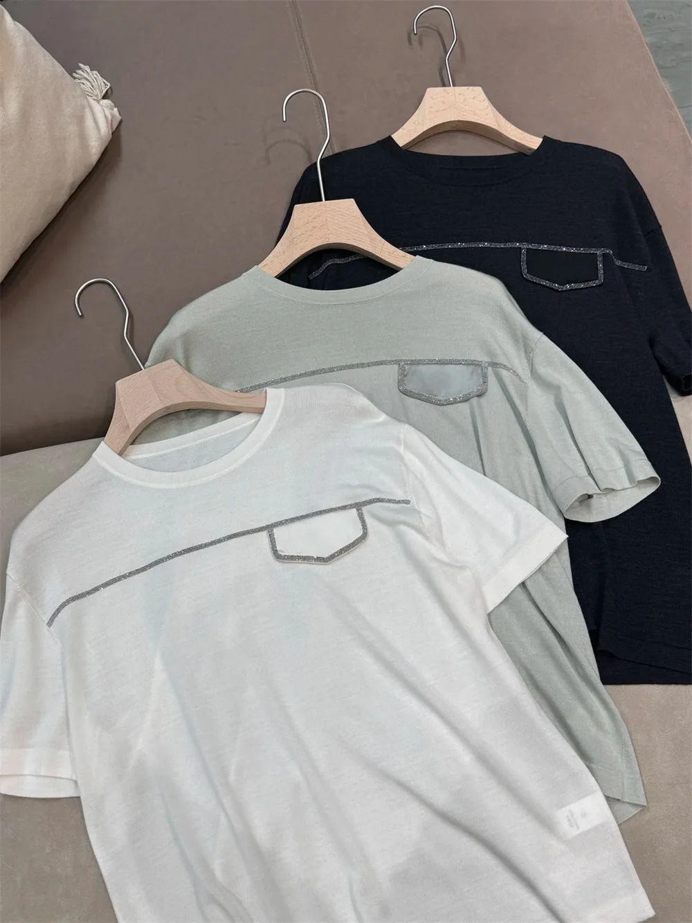 Women's Beading Lightweight Silk-Wool Short-Sleeve T-Shirt Top