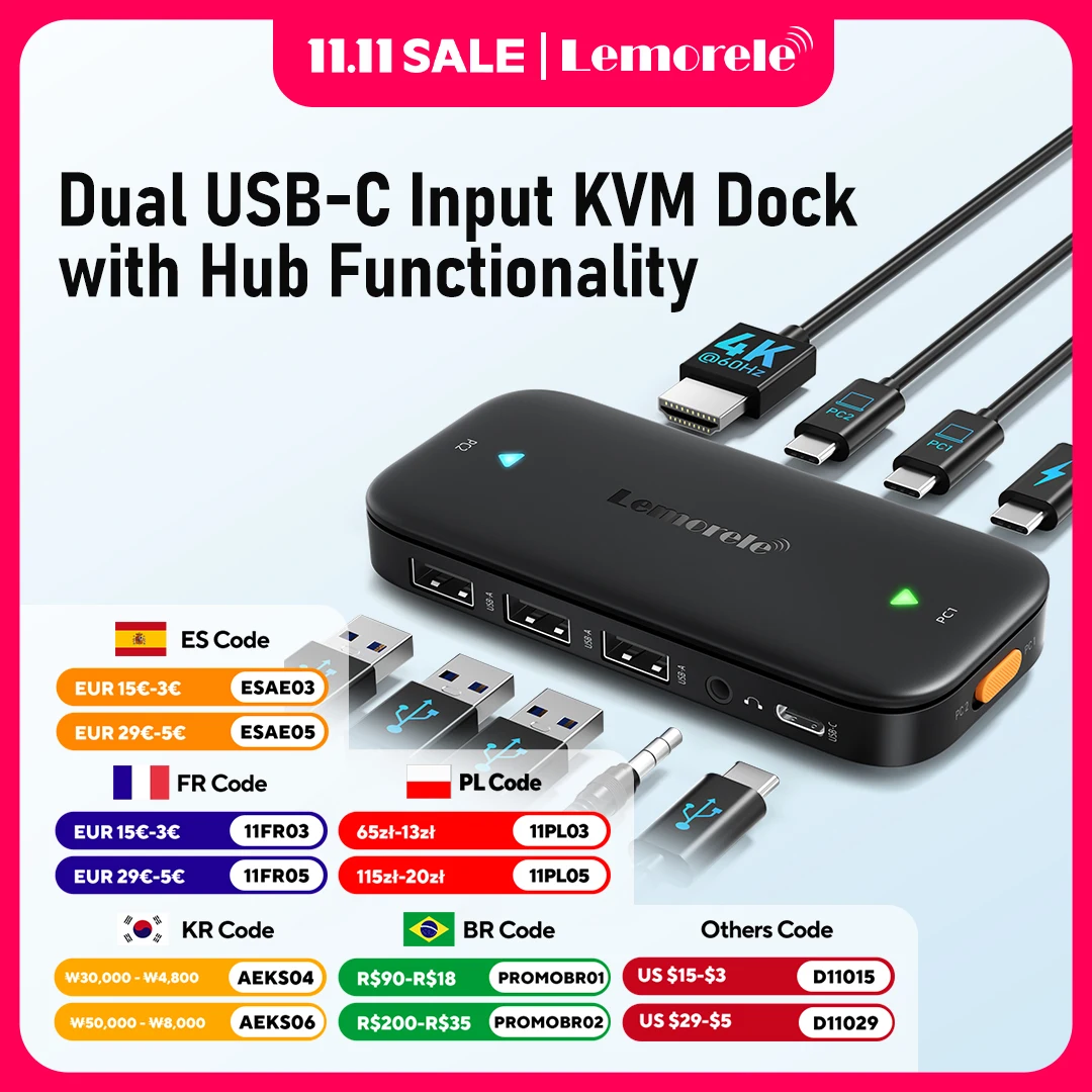 

Lemorele H200 USB-C KVM-переключатель USB-концентратор 4k@60Hz Dual HDMI to HDMI 100W PD plug and play 2-портовый KVM-переключатель для ПК, ноутбука