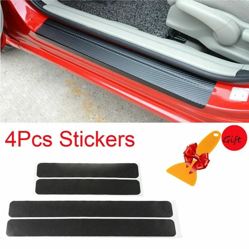 4 Pcs 4D Carbon Fiber Car Accessories Door Sill Scuff Protector Stickers & Tool