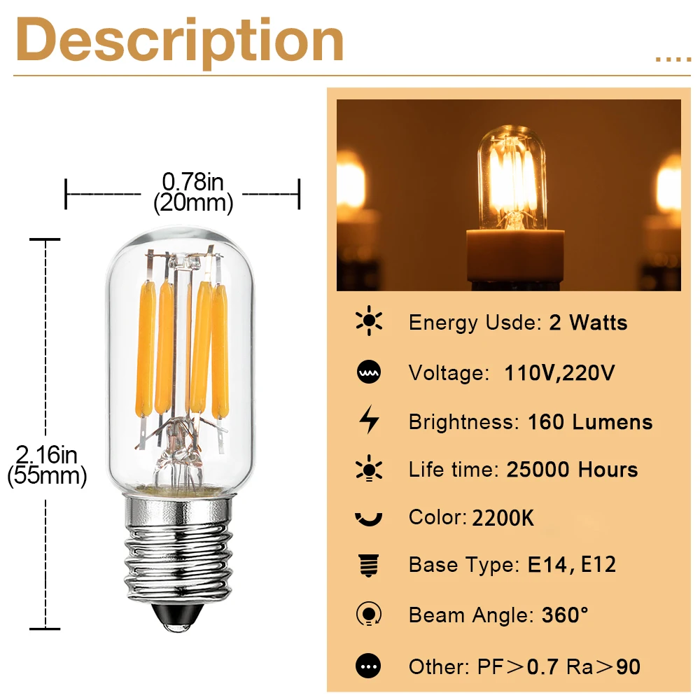 Bombilla de noche Tubular T20, bombillas de filamento LED de 2W, E14, E12, 220V, 110V, vidrio transparente, 2200K, Retro, Edison, para decoración de