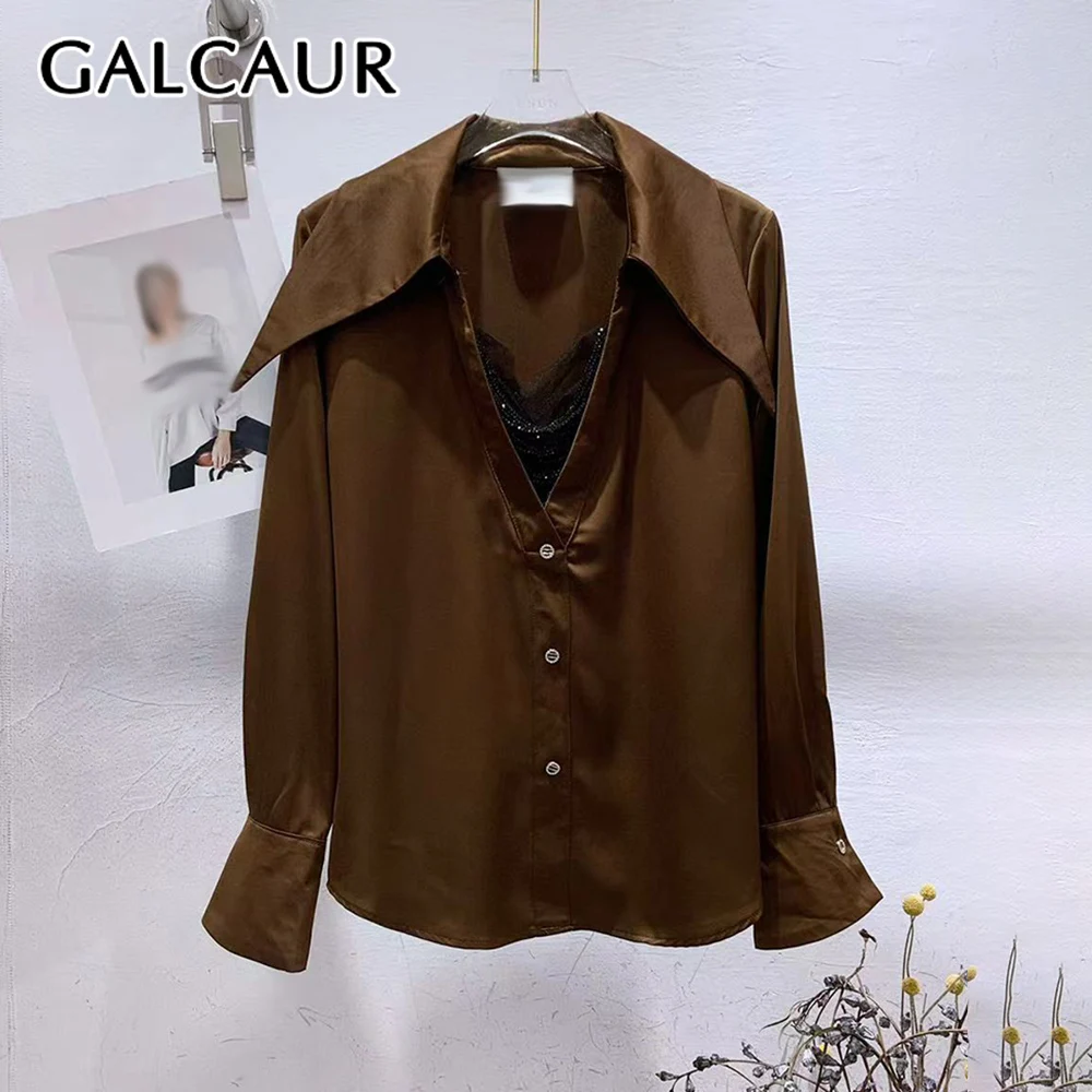 

GALCAUR Solid Spliced Single Breasted Chic Shirt Female V Neck Long Sleeve Elegant Temperament Women's Shirts Autumn Fashion New