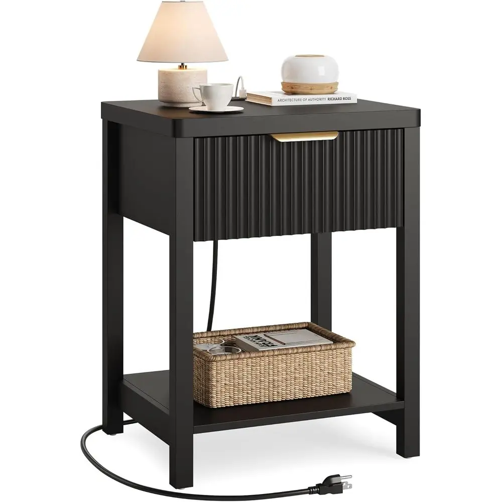 

Black Nightstand with Charging Station, Wooden End Table for Bedroom, Space-Saving Set of 1