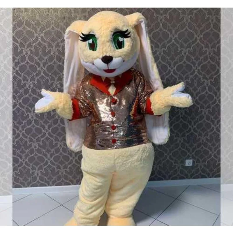 

Silvery Red Coat Bunny Mascot Costume Adults Walking Doll Suit for New Year Holiday Promotion