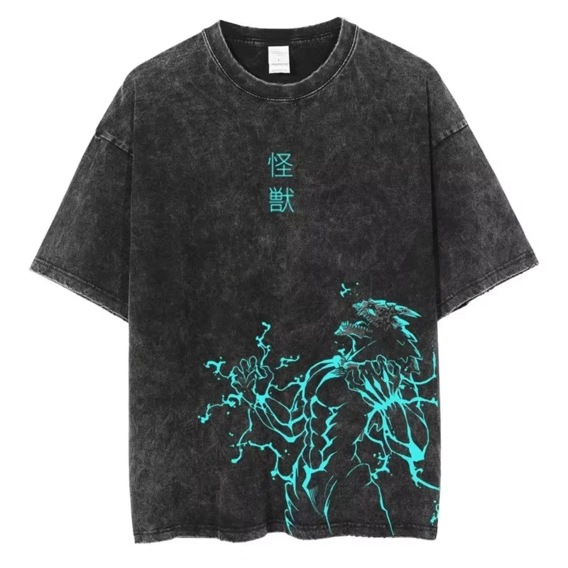 Anime Kaiju No 8 Cool Graphic Washed Short Sleeved Round Neck Y2k Tshirt Men Clothing New in Top & Tees Mens T-Shirt Camisetas