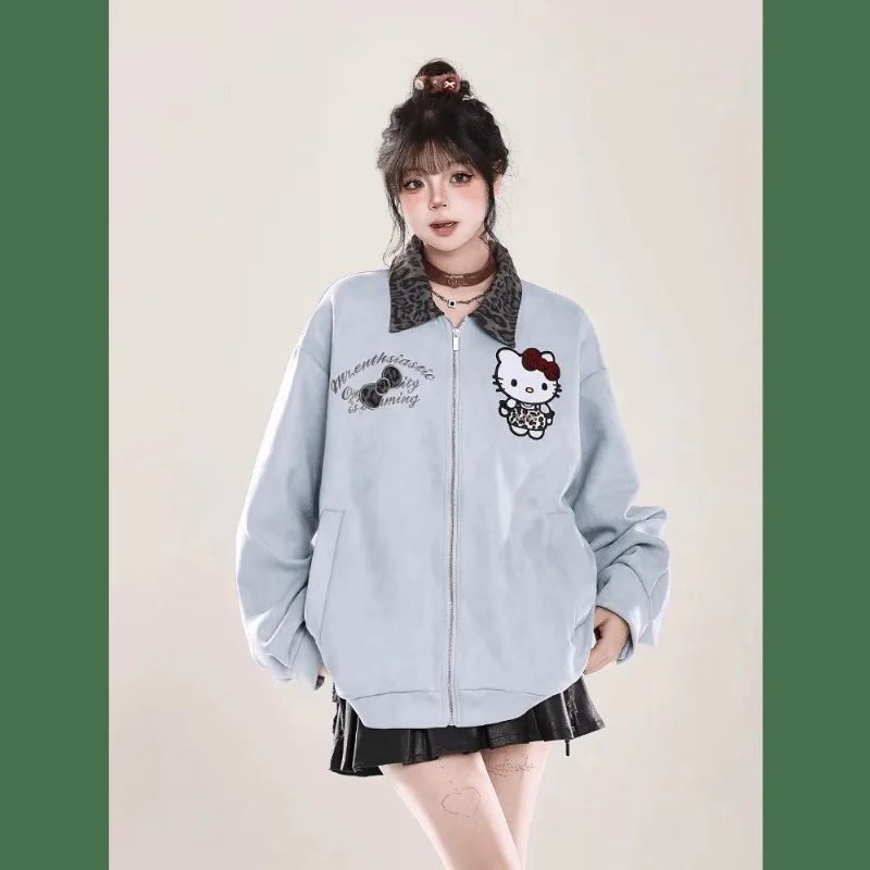 

Sanrio Hello Kitty Spring 2025 New Girly Splicing Lapel Baseball Jacket Women's Embroidered Loose Zipper Jacket Holiday Gift