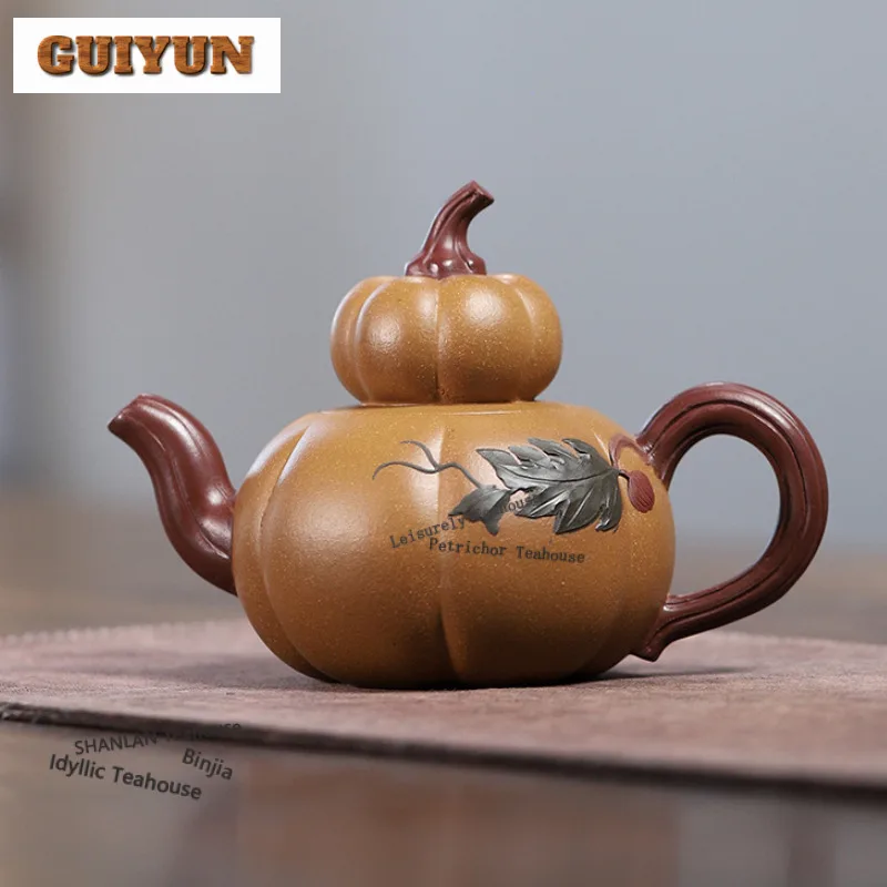 

220ml Antique Yixing Purple Clay Teapots Handmade Gourd Pumpkin Pot Raw Ore Gold Section Mud Kettle With Strainer Zisha Tea Set
