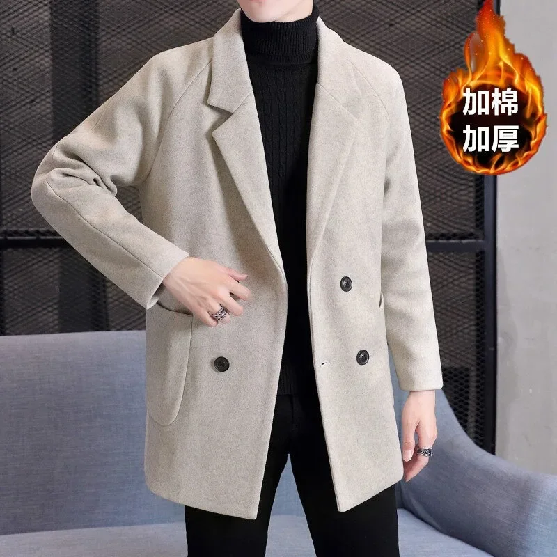 Winter Add Cotton Woolen Jacket Men's Brand Casual Business Long Trench Coat Streetwear Warm Overcoat Social Office Men Clothing