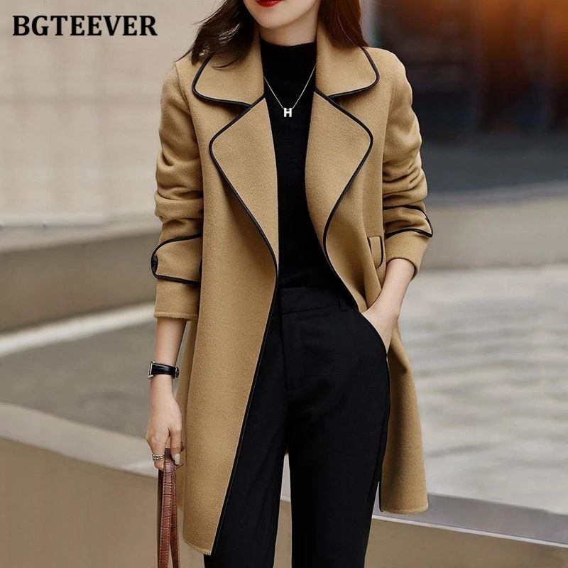 BGTEEVER Stylish Lapel Lace-up Women Wool Jackets Elegant Full Sleeve Pockets Female Long Coats Autumn Winter Outwear