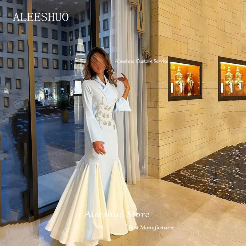 Aleeshuo exquisite blaue lange Meerjungfrau Abschluss ball Kleid Satin einfache Applikationen Langarm Abendkleid Reiß verschluss boden lang 2024