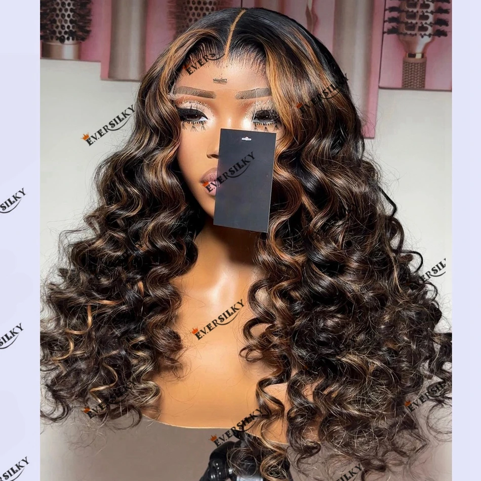 Natural Remy Brazilian Bouncy Deep Wave Highlight 100% Human Hair Wig for Black Women Glueless 5X5 Lace Closure Wig Wand Curl