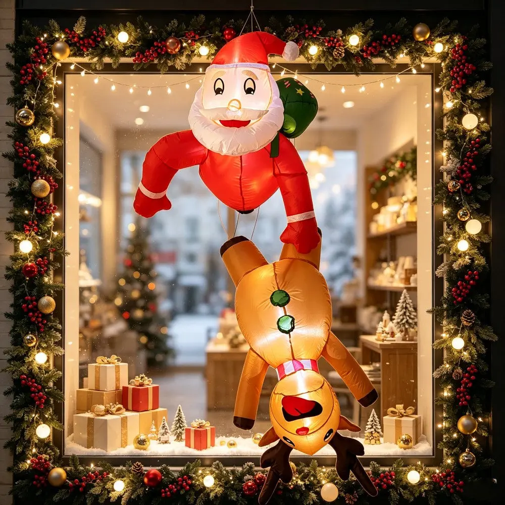 Christmas 1.8M Inflatable Santa Claus Catching Reindeer With LED Light Suitable Window Display House Beams And Window Decoration