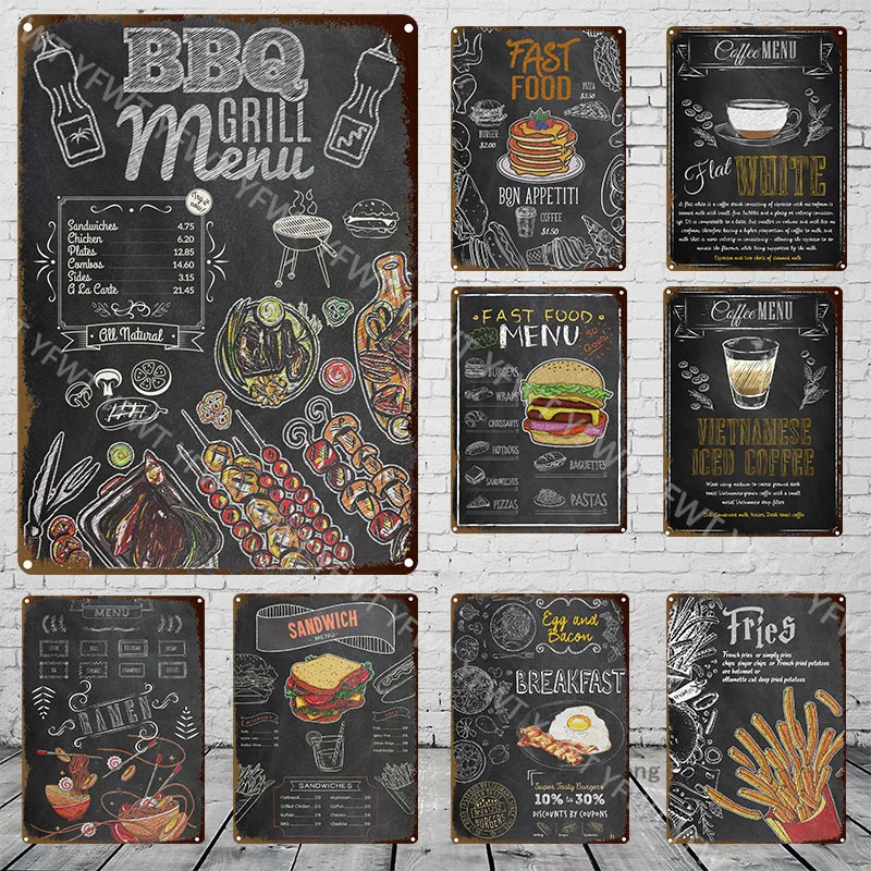 Cartel de Metal Retro Para menú de comida rápida, cartel de estaño para barbacoa, hamburguesa, Pizza, decoración de pared para fiesta, cocina, restaurante, decoración del hogar