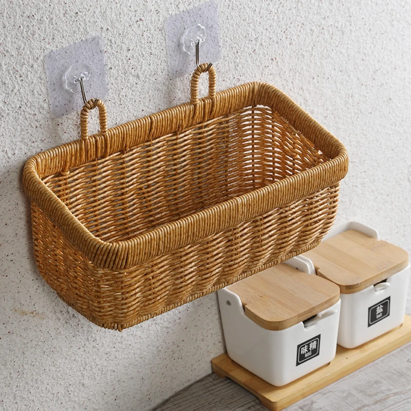 Wall Hanging Storage Basket Woven Basket Kitchen Vegetables Organzier Imitation Rattan Sundries Organizer Hanging Kitchen Storag