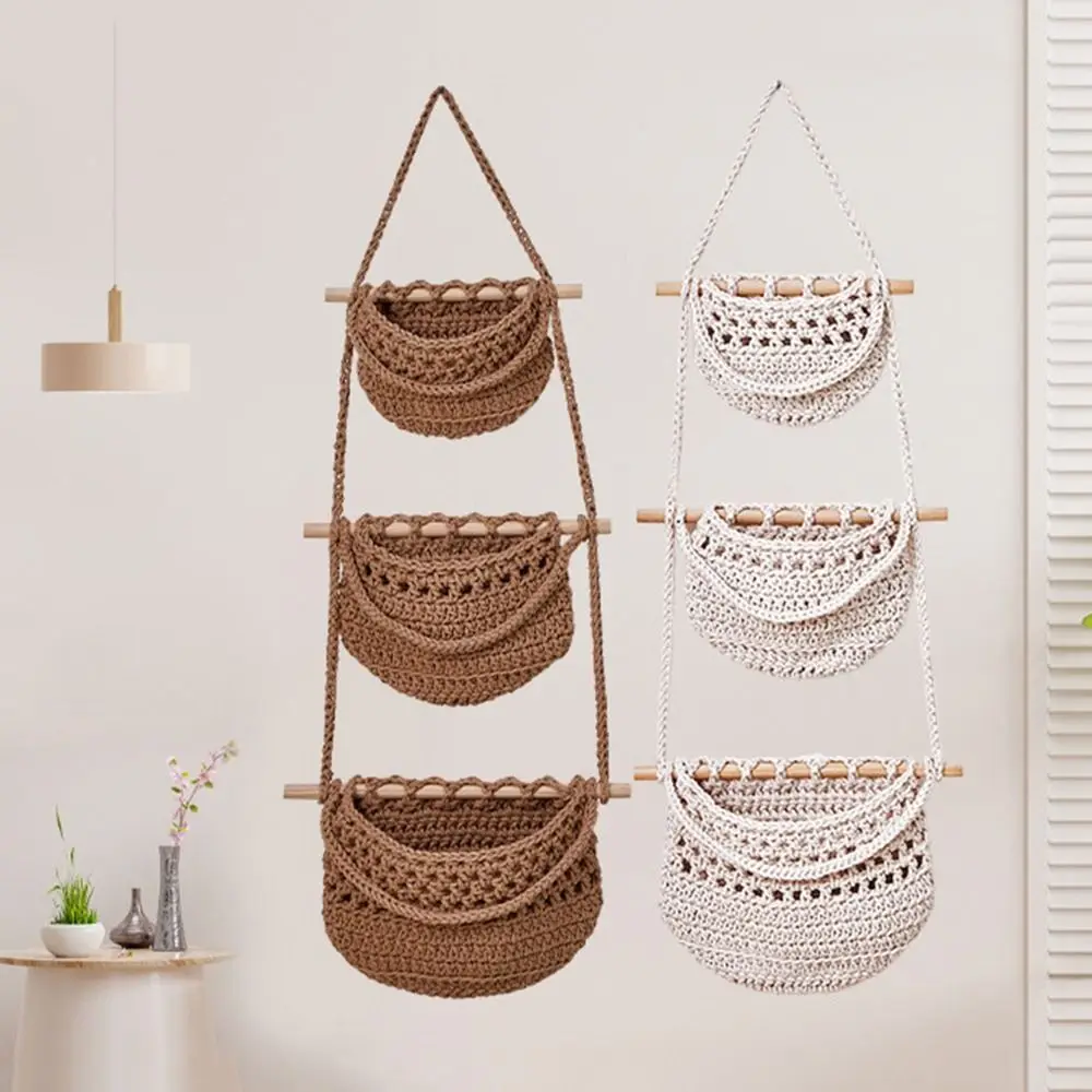 

Durable Cotton Rope Hanging Fruit Baskets Simple Handmade 3 Tier Storage Bag Stylish Sundry Storage Hanging Bag Closet