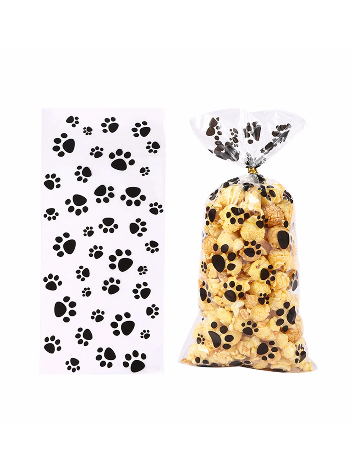 50pcs Blue And Black Opp Flat Pocket, Cartoon Dog Footprint Gift Candy Bags With Gold Tie For Activity Event And Party Gift Deco