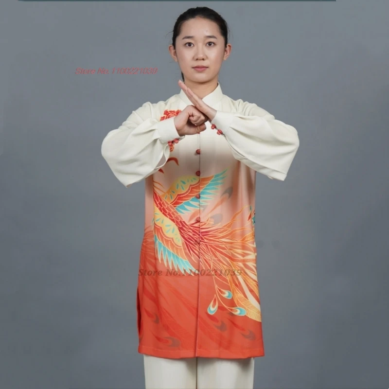 2026 chinese tai chi wushu taiji uniform morning exercise phoenix print tops+pants set training exercise stage performance suit view 3