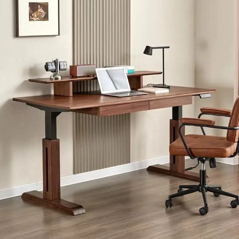 North American Black Walnut Solid Wood Office Desk Modern Design Electric Lift Smart Standing Computer Work Station Drawers Made