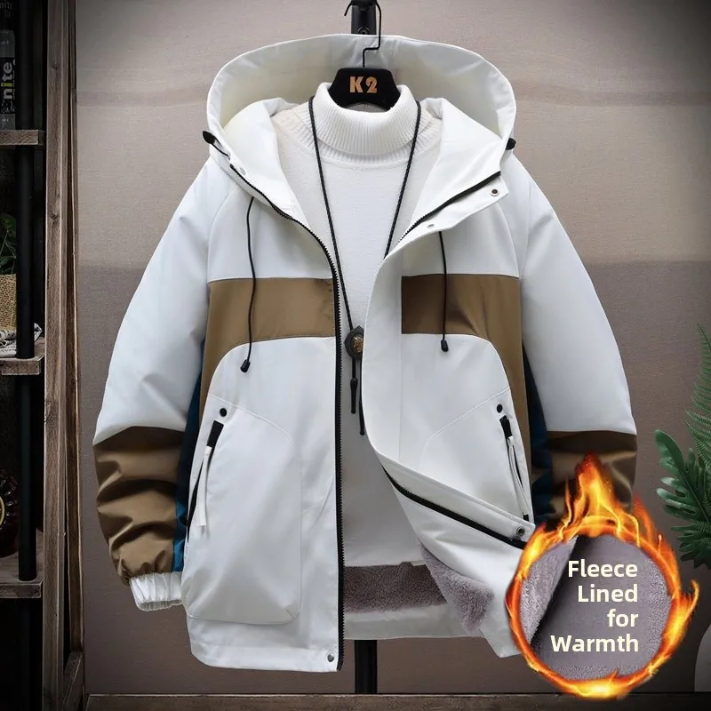 

2025 New Men's Fce Lined Thiened Hooded Jaet Faionable Youth Trendy Winter Outerwear Warm Casual Long Sve Zipper