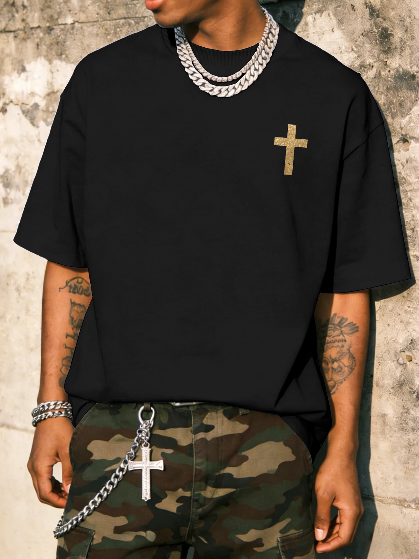 Men's Oversized Christian Faith T-shirt Brand Sacred Heart Cross Graphic Print Loose Fit Cotton Short Sleeve Black Casual Tops S