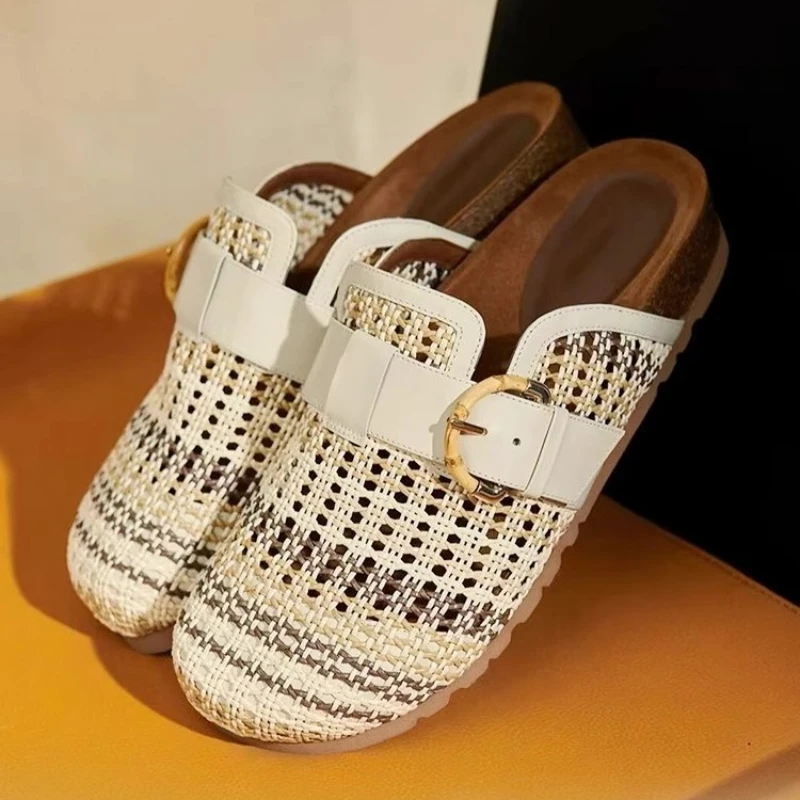 

Тканые сандалии на плоской подошве ручной работы в стиле ретро, женская модная повседневная обувь с круглым носком и пряжкой, удобная нескользящая пляжная обувь на плоской подошве, Zapatos De Mujer
