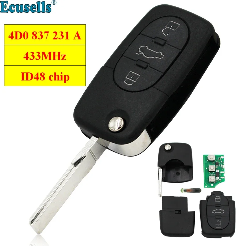 3 Buttons 433Mhz with ID48 Chip Flip Remote Key 4D0 837 231 A for Audi A3 A4 A6 A8 TT 4D0837231A Uncut HU66 Blade