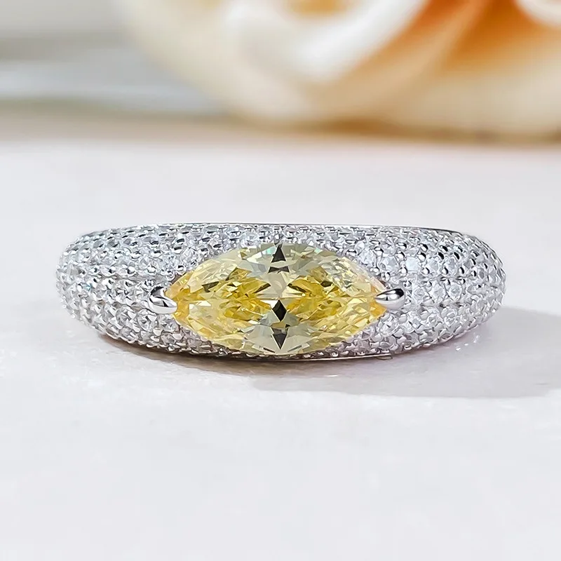 Longlong Gold New 925 Silver Luxury Set with Full Diamond 5 * 10 Yellow Diamond Horse Eye Personalized Ring for Women