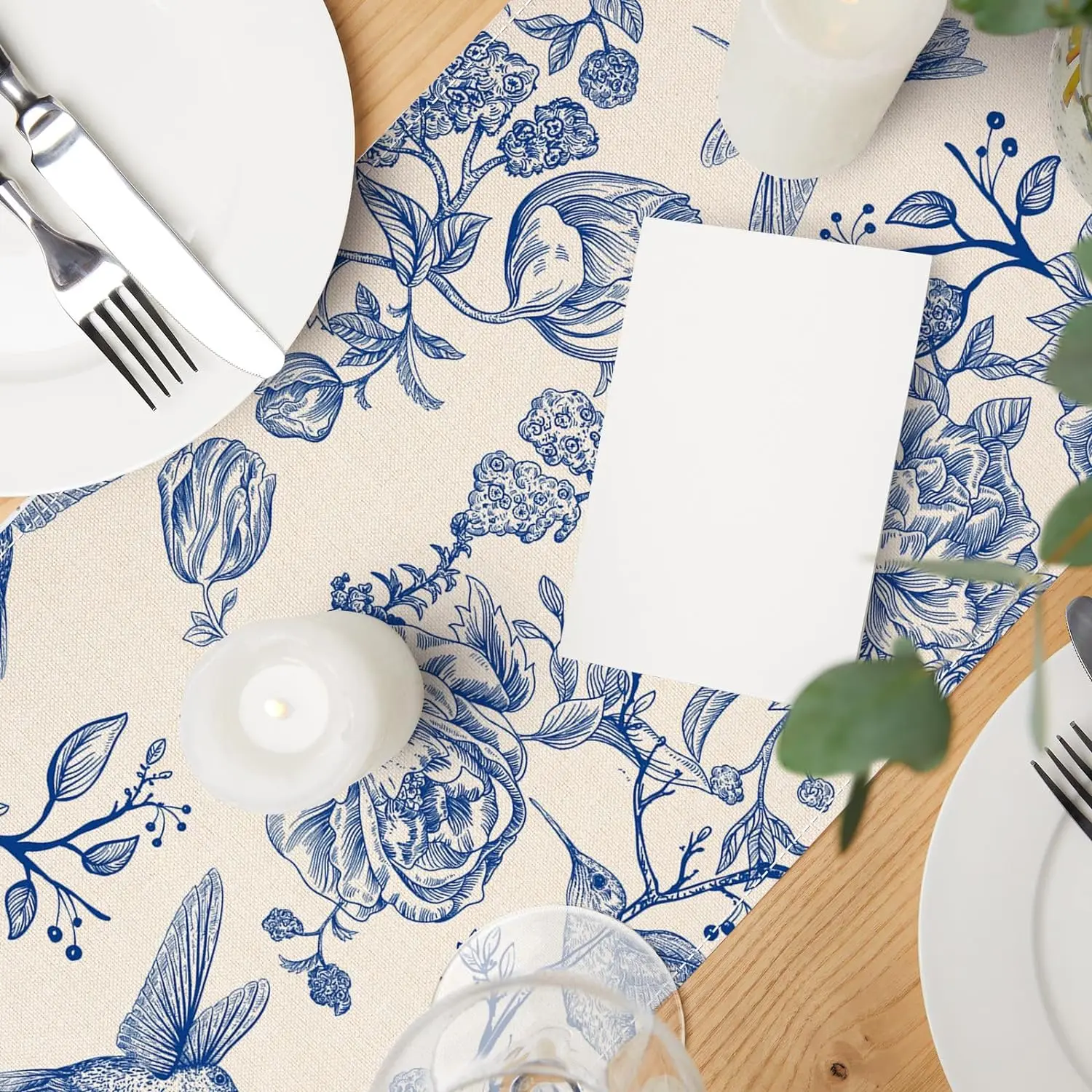 Caminos de mesa de lino blanco y azul, camino de mesa Retro monocromático con boceto de pájaro y flor, decoración de mesa de comedor para cocina, fiesta de boda y vacaciones