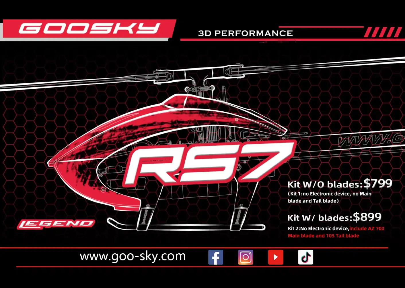 In Stock Goosky RS7 700 3D Flybarless RC Helicopter Kit