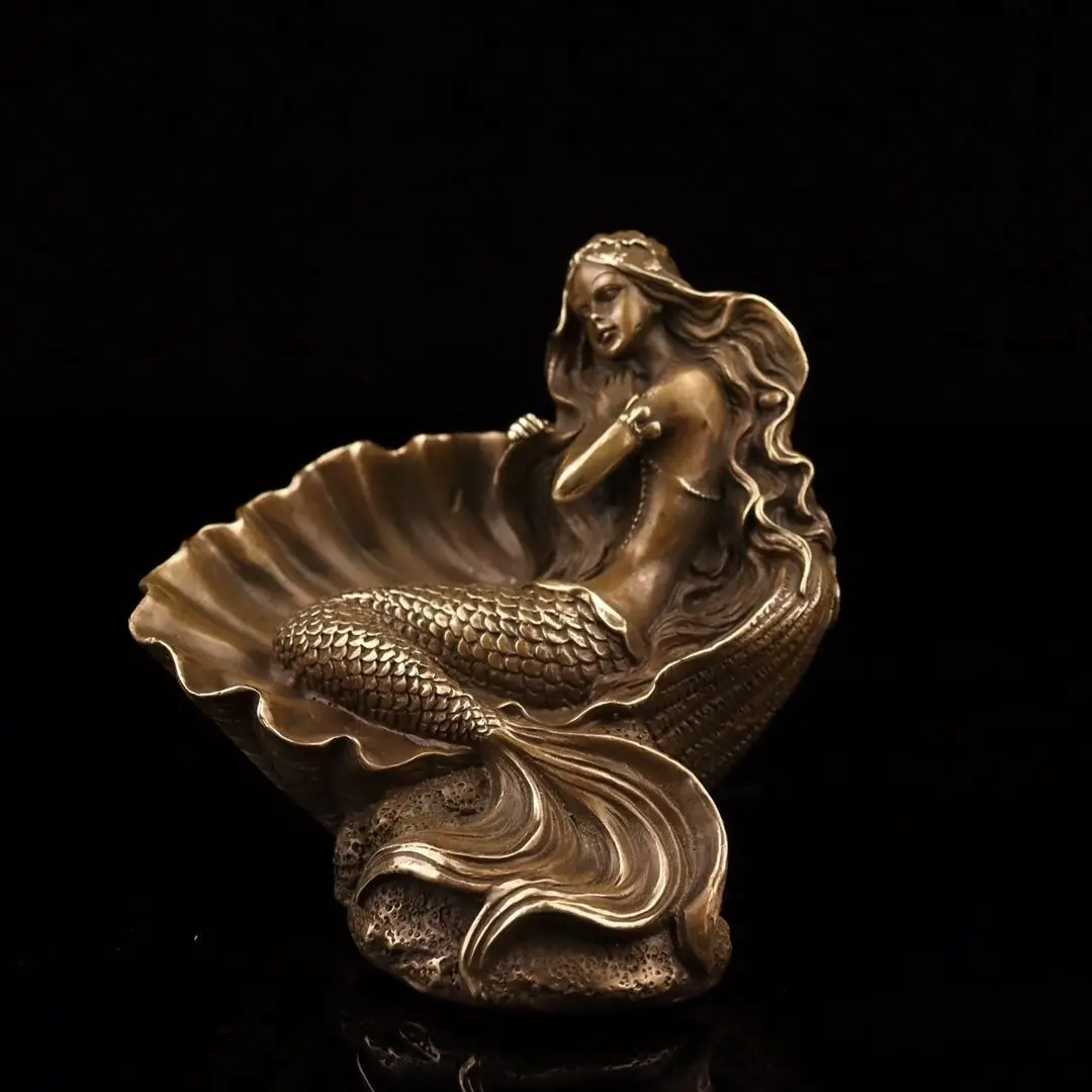 Pure copper mermaid retro shell decoration creative European decoration high-grade copper statue living room light luxury deskto