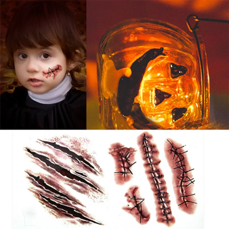 DIY Wound Blood Wound Stickers Halloween Tattoo Stickers Zombie Scar Tattoo Simulation Horror Bleeding Suture Scar Stickers`~