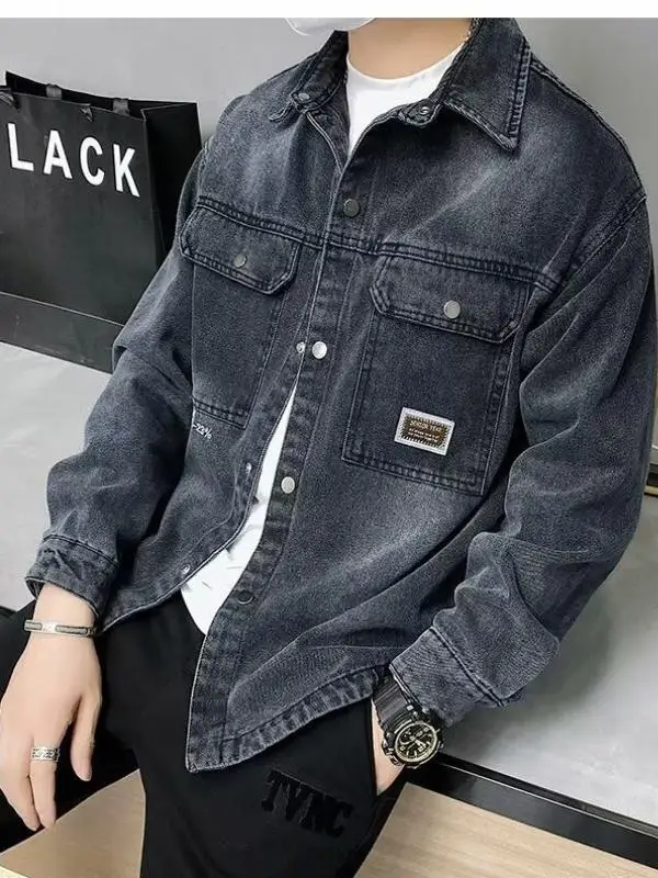 

Retro American Waed Denim Jaet Men's Spring 2025 New Loose Casual Work irt Coat Turn-down Collar Button Decoration