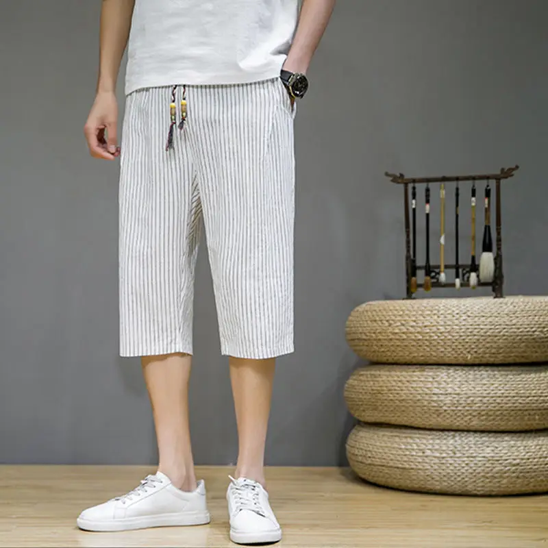 Summer Fashion Sports Casual Calf-Length Pants Men\'s Elastic Waist Drawstring Pocket Versatile Striped Cotton Hemp Beach Shorts