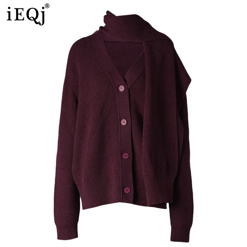 IEQJ Angola Red V-neck Sweater With Scarf Women 2025 Spring New Long Sleeve Single Breasted Soild Color Soft Top Female CPG2543