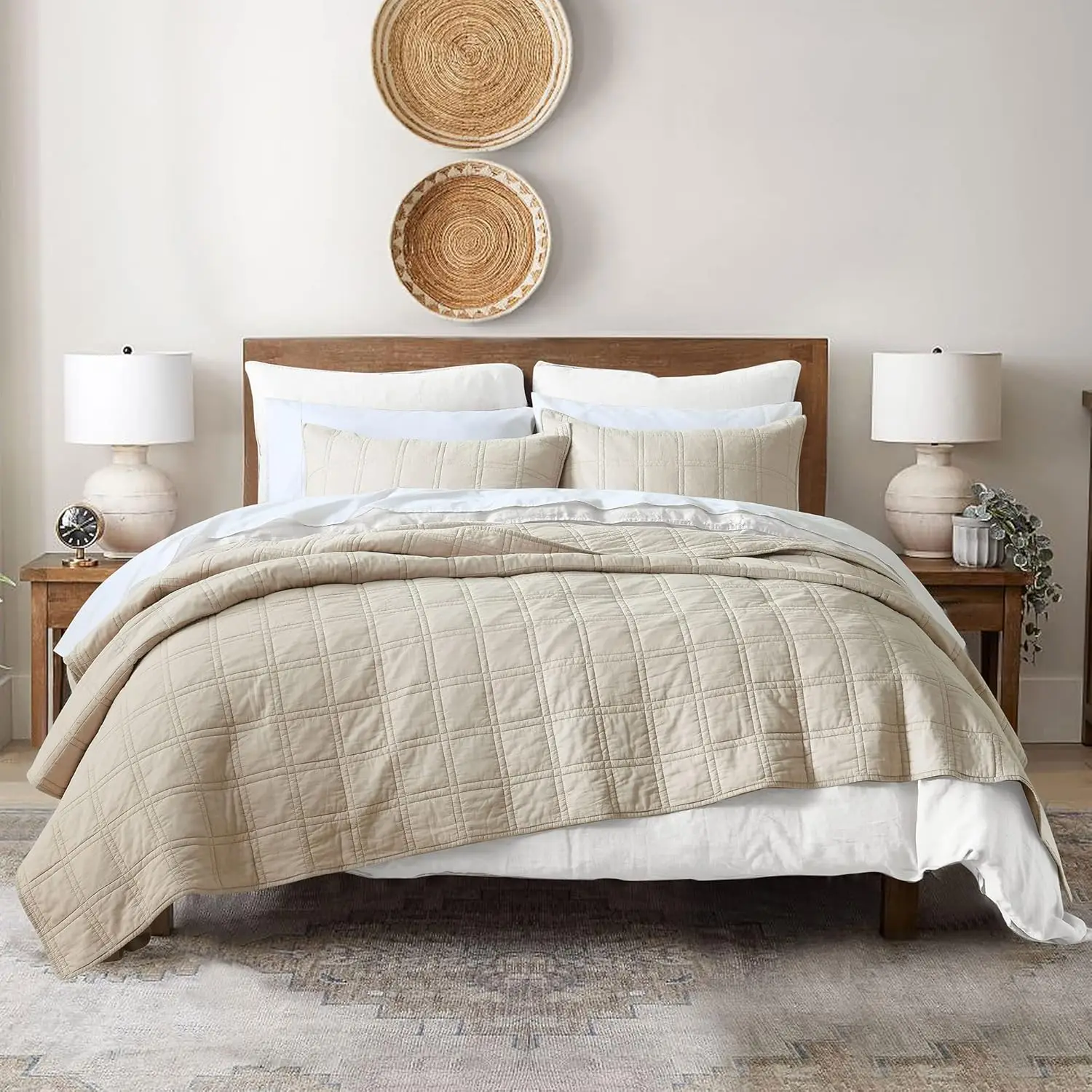 

Комплект стеганых одеял Queen Size из бежевого хлопка, предварительно стираный, 3-х предметный, легкий, с геометрическим узором, для всех сезонов