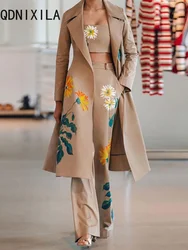 Fashion Elegant Women's Tops Pant Sets Spring New Printed Long Trench Coat Wrapped Chest Flared Pants Women Three Piece Set