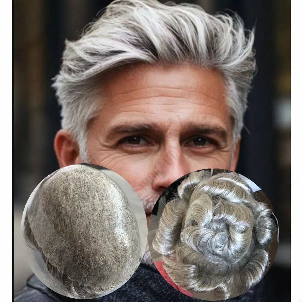 

Супер прочный тонкий кожаный мужской парик из искусственной кожи, человеческие волосы, капиллярный протез, система, естественная линия волос 1B50 1B80, серый, черный шиньон