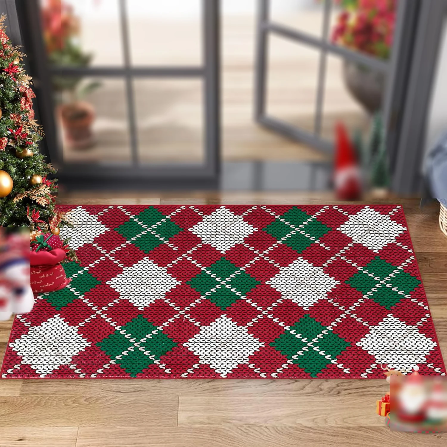 Christmas Plaid Rug Modern Holiday Doormat Soft Machine Washable for Indoor Home Xmas Decor