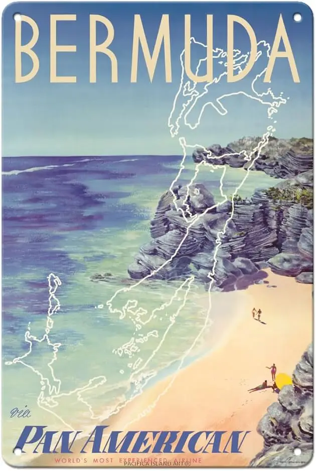 Bermuda - via Pan American World Airways - Vintage Airline Travel Poster by Loweree c.1953-8 x 12 inch Vintage Metal Tin Sign