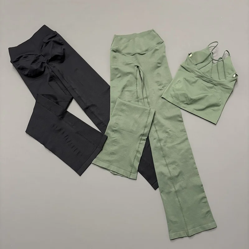 2 Piece HISTELLO Vision Fitness Set Women Padded V Neck Workout Cami Top Seamless Yoga Flare Leg Pants Gym Activewear Outfit