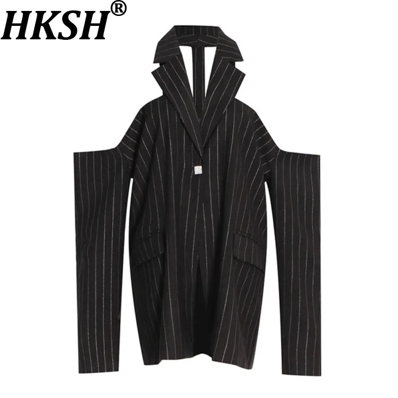 

HKSH осенний новый женский модный пиджак с лямкой на шее и открытыми плечами, с открытой спиной, в полоску, на одной пуговице, элитное модное элегантное пальто HK9880