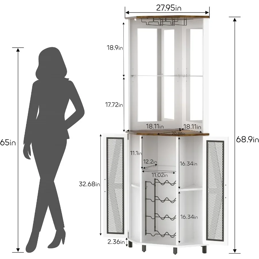 68.9 Tall Corner Bar Cabinet for Home Bar Use, MDF Wood in Matte Black with LED Light and Mirror view 2